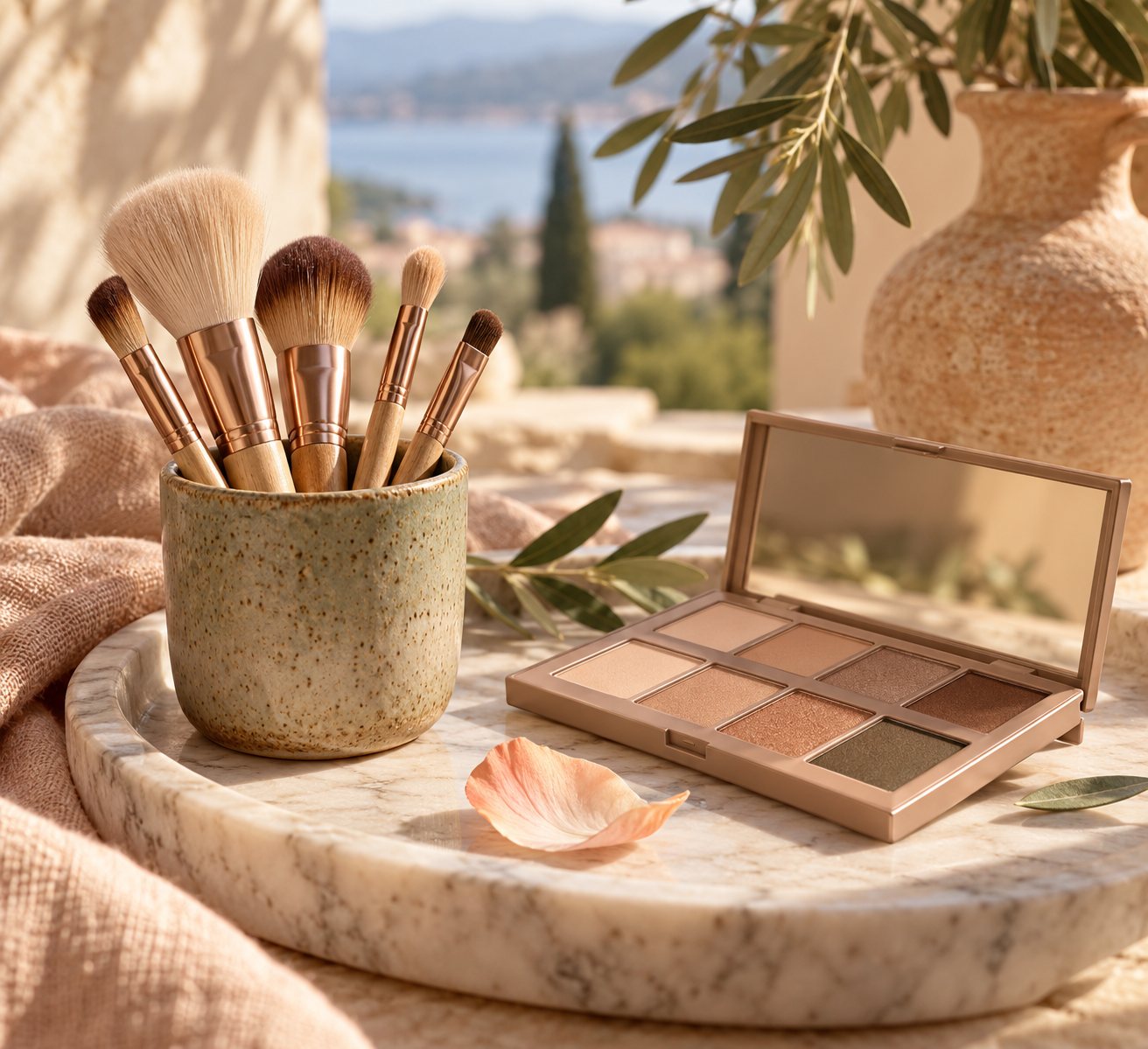 Pinceaux de maquillage et palette de teintes naturelles