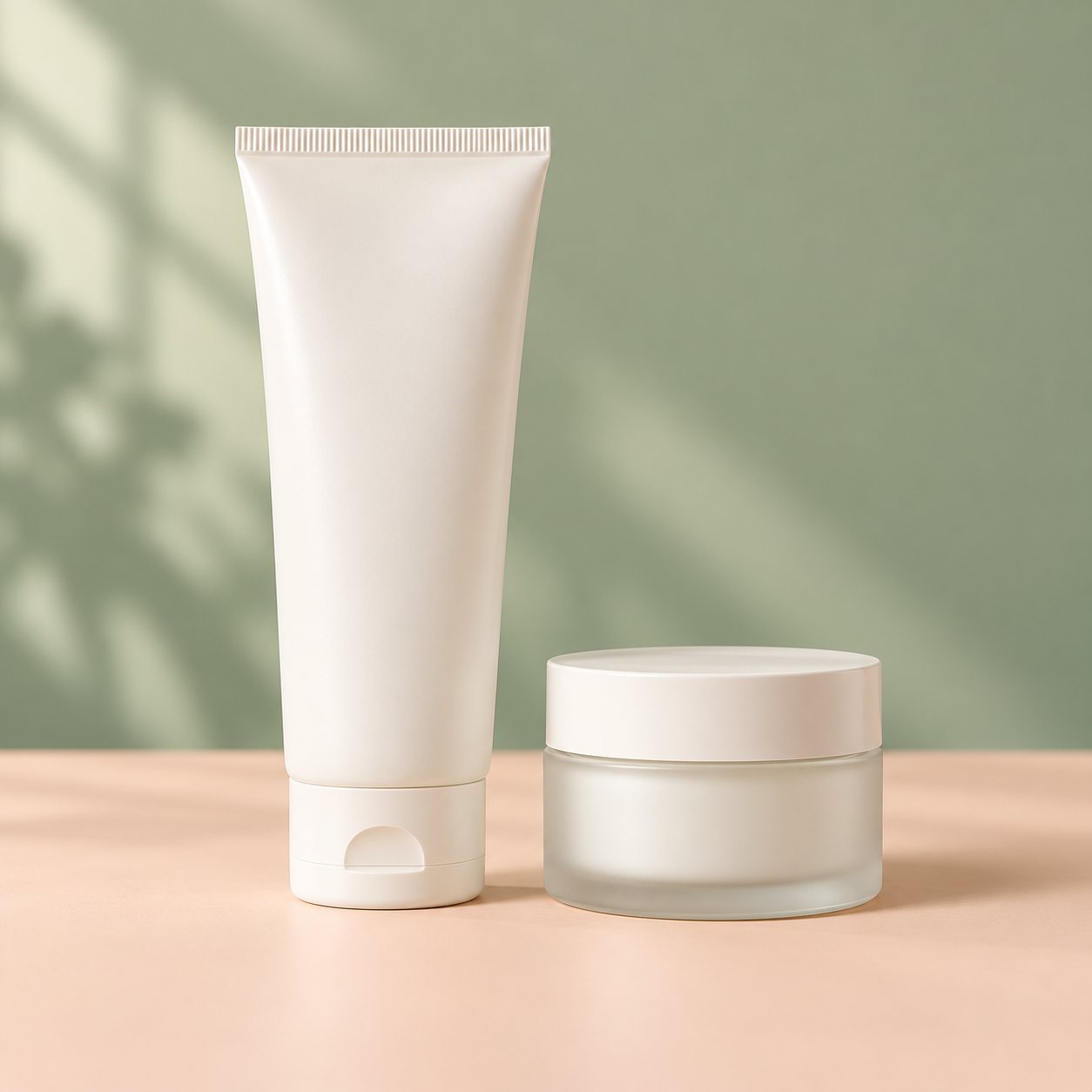 Tube de gel et pot de crème sans marque sur fond pêche