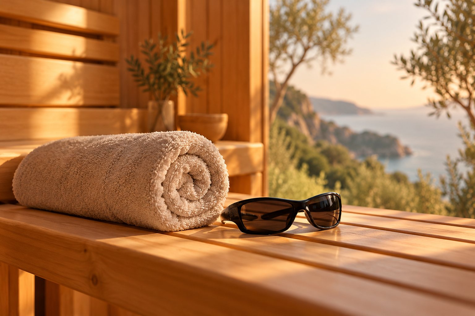 Serviette et lunettes de protection dans une cabine éclairée de lumière dorée